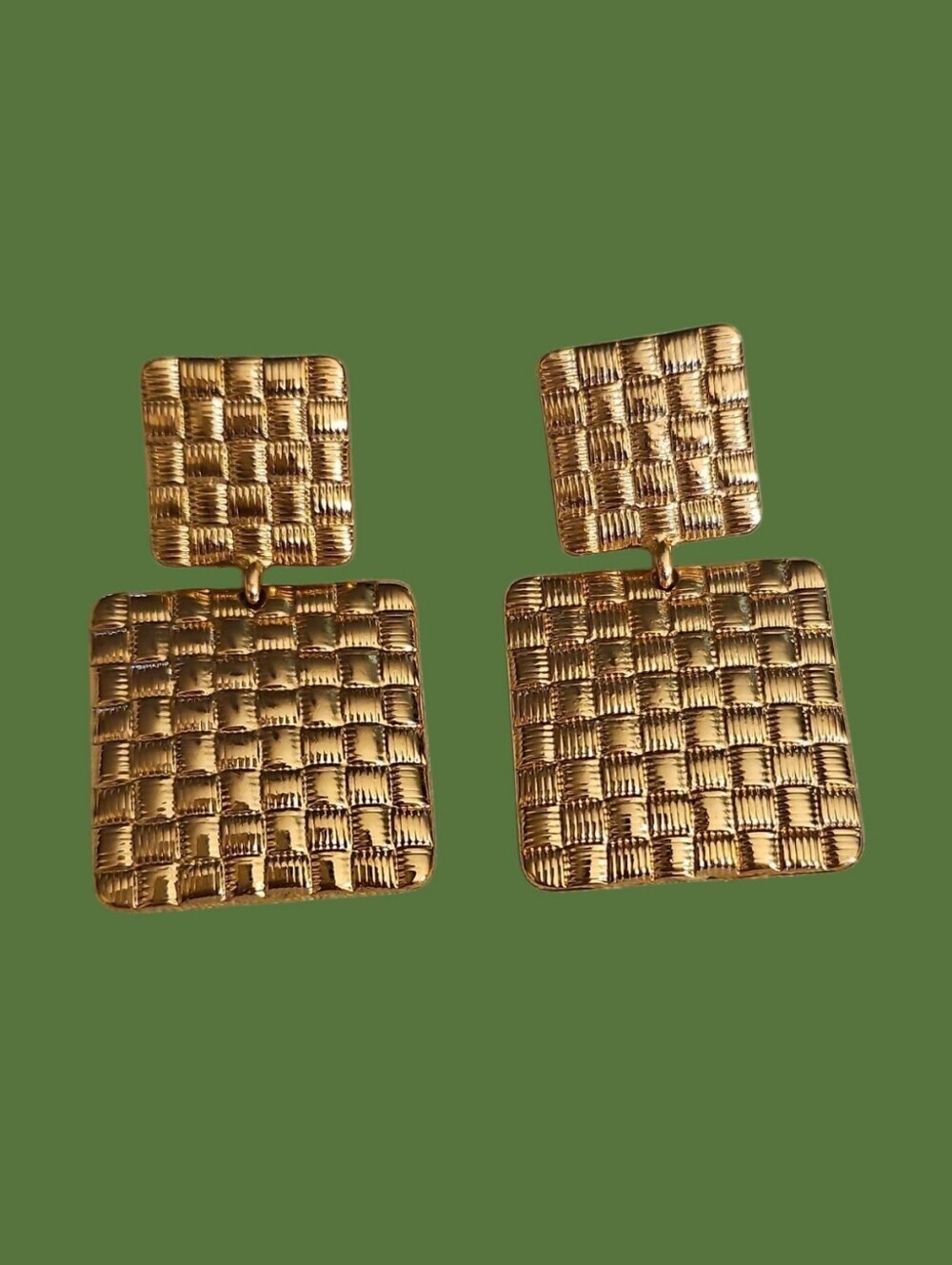 Gold-Tone Basketweave Square Clip-on Drop Earrings